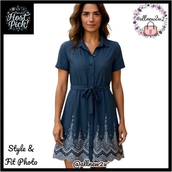 ECI Dresses & Skirts - ECI Lace Trim Denim Shirtdress Chambray Buttoned Polo Collar